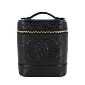 Chanel Vanity Hand Bag Caviar Leather Black CC Logo Gold